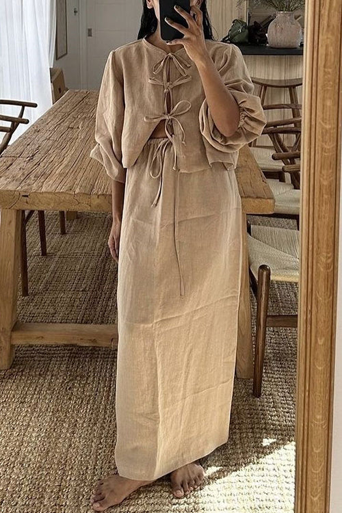 Puff Long Sleeves Lace-up Shirt Drawstring Waist Maxi Skirt Set