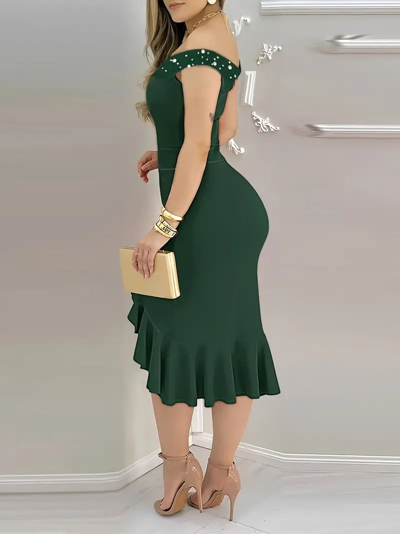 Bodycon, Off-the-shoulder, Ruffled Midi Dress