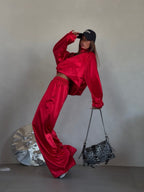 Zippered Loose Sweatshirt Jacket And Wide-Leg Pants Two-Piece Set