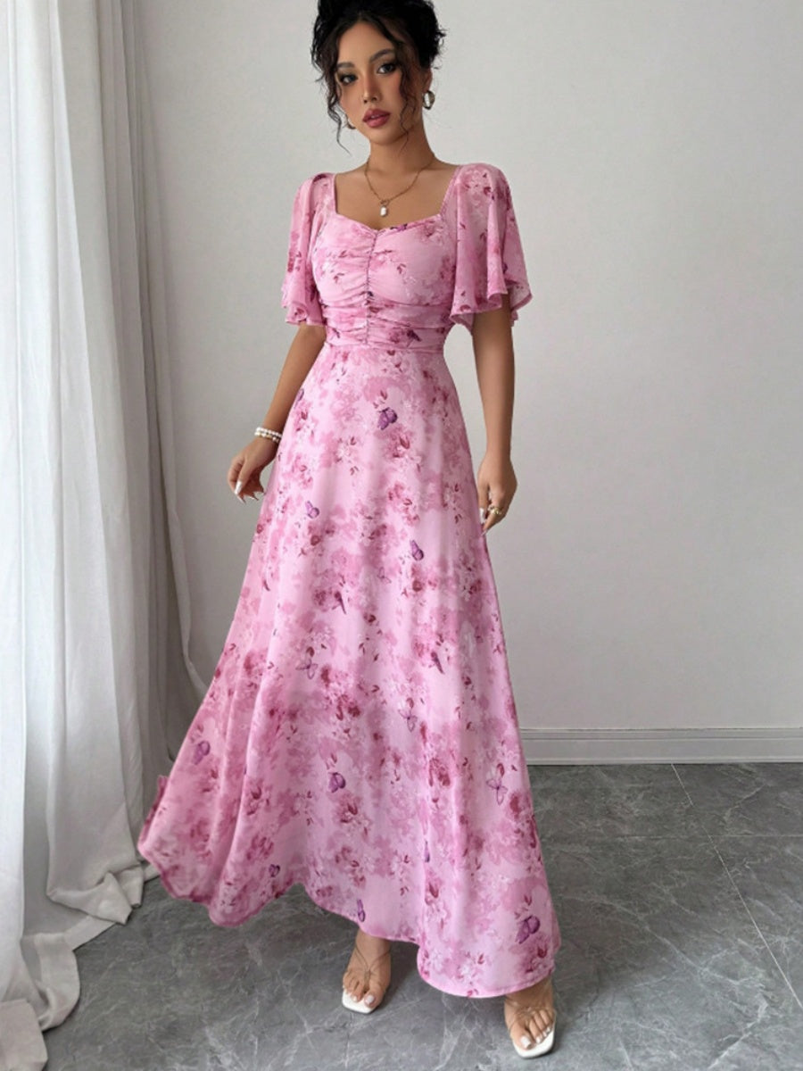 Floral Lotus Leaf Sleeves Sweetheart Collar Vacation And Leisure Maxi Dresses