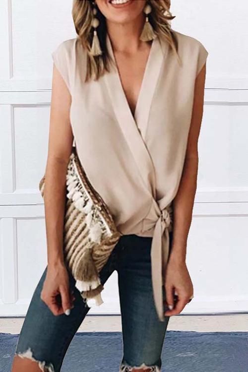 Solid V Neck Tie Waist Wrapped Top