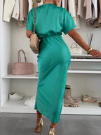 Liber Spring Women's Twisting Chest Solid Color Satin Long Dress