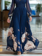 Mesh-paneled Fitted Floral Print Long Dress