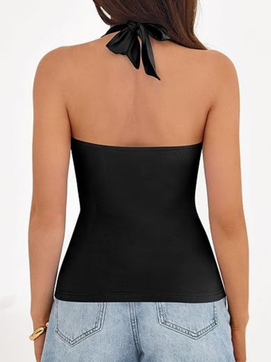 V-neck Halter Sleeveless Cross Metal Decoration Backless Jacket Camisoles Tank Tops