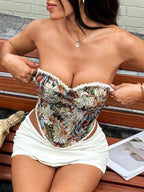 Floral Print Strapless Lace Tethered Fish Bones Strapless Bra