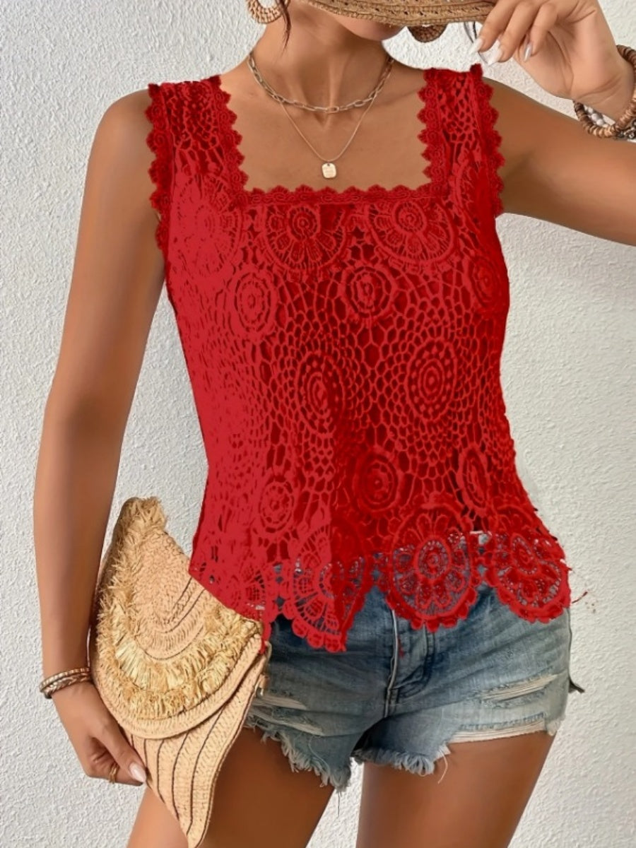 Square Neck Heavy-duty Crochet Openwork Flower Tank Top