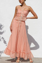 Frill Trim Bow Crop Cami Top and Ruffle Maxi Skirt Set