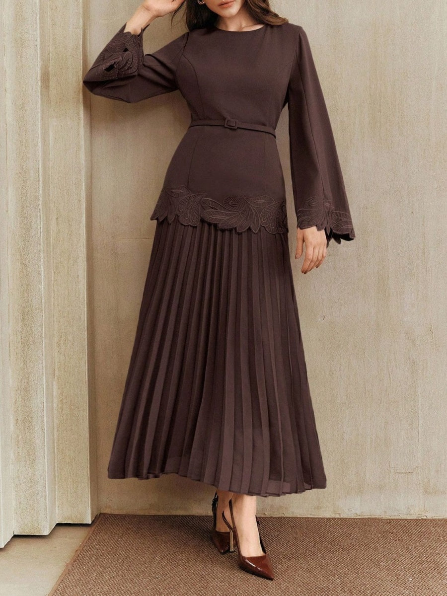 Applique Including Belt Pleats Maxi Dresses