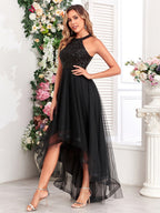 Halter Sequins Mesh Irregular Hem Formal Dress Maxi Dresses