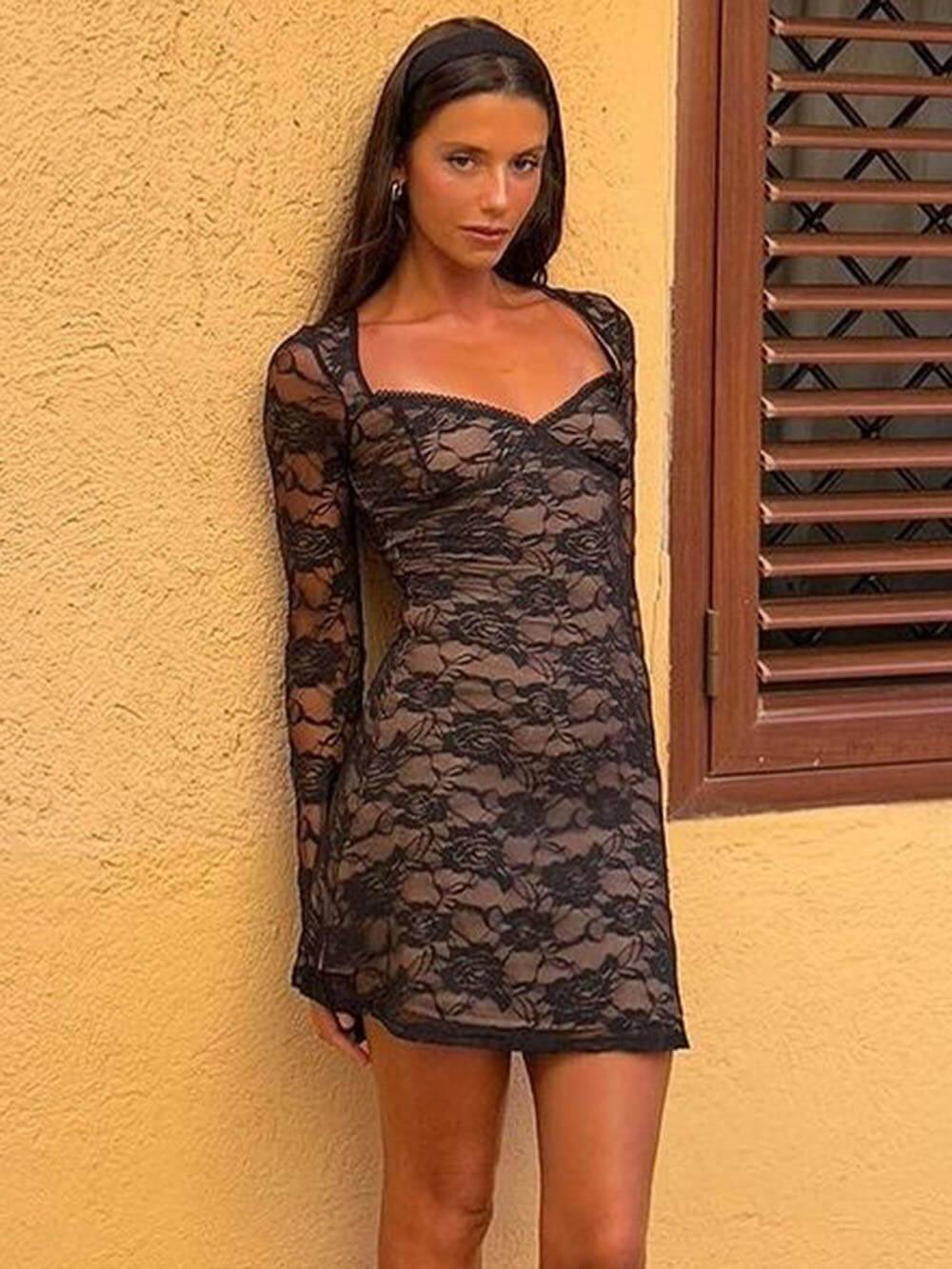 Floral Lace Wrap V Neck Long Sleeve Bodycon Mini Dress