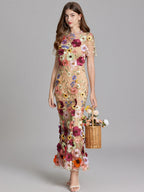 Embroidered 3D Floral Fitted Waist Short-sleeved Long Dress