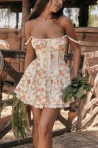 Lace Trim Corset Tie Front Bustier Gathered Skirt Mini Dress
