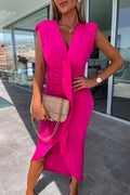 V Neck Drape Front Ruched Sleeveless Bodycon Dress