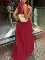 High-waisted Solid Color Sleeveless Zipper Long Dress