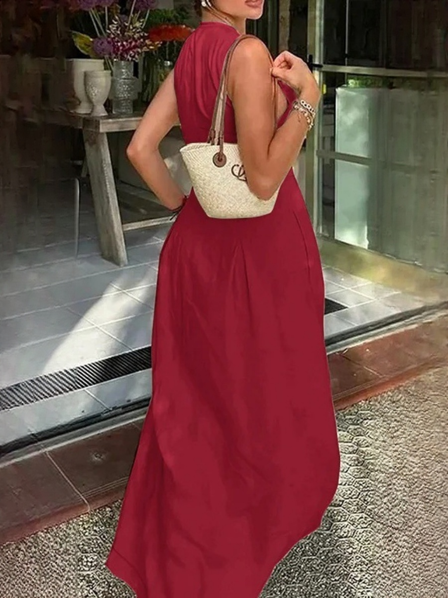 High-waisted Solid Color Sleeveless Zipper Long Dress