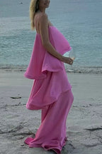Adjustable Strap Ruffle Layered Satin Maxi Dress