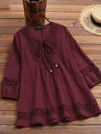 Tie-up Cotton And Linen Patchwork Lace Three-quarter Sleeve T-shirt