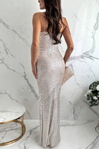 Spaghetti Strap V Neck High Slit Sequin Maxi Party Dress