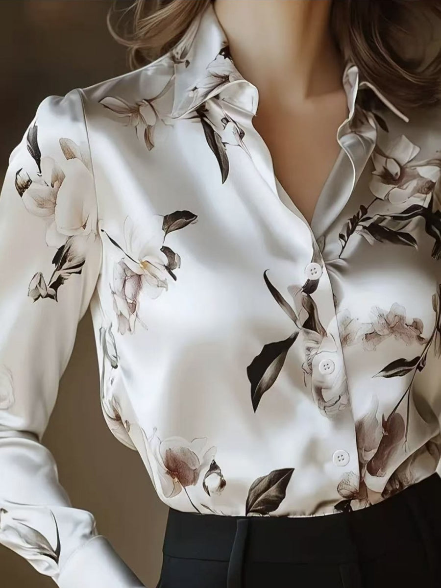 Printed Single-breasted Slim-fit Satin Casual Shirts