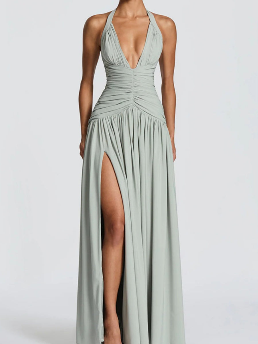 Deep V Halter Backless Maxi Dresses