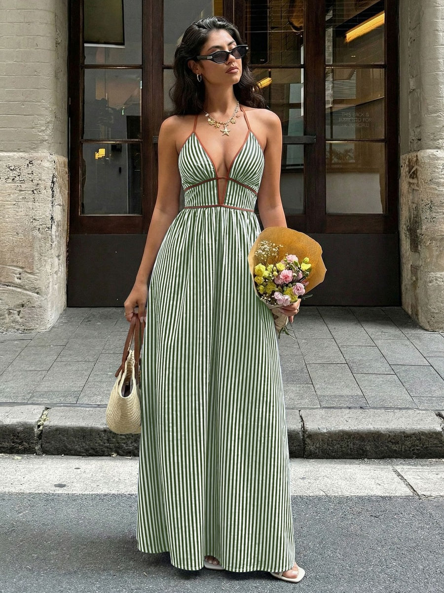 Stripes Color-blocked Splicing V-neck Hollow Maxi Dresses