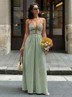 Stripes Color-blocked Splicing V-neck Hollow Maxi Dresses