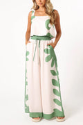 Printed Square Collar Crop Tank Top Drawstring Waist Wide Leg Pants Set