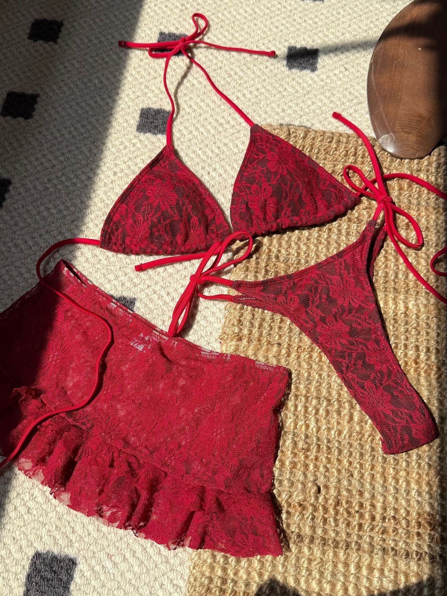 Sexy Lace Cutout Bikini Three-Piece Set For Beach