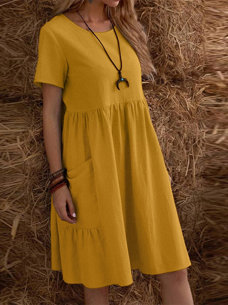 Retro Loose-fitting Pocket Solid Color Round Neck Cotton Linen Short Dress