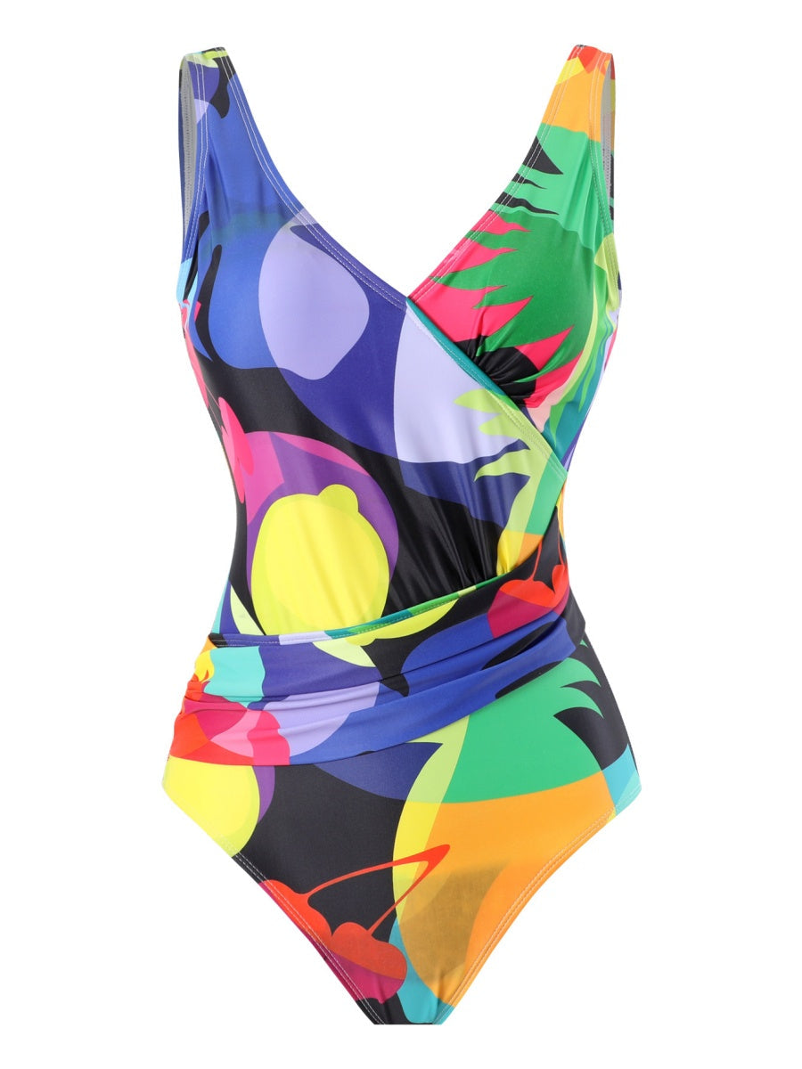 One-piece Swimsuit With Cross-over Print, Revealing Backpack And Hip-revealing Long Skirt (two-piece Set)