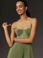 Sleeveless Deep V Slim Fit Pleated Camisoles Maxi Dresses