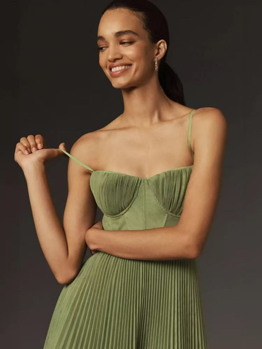 Sleeveless Deep V Slim Fit Pleated Camisoles Maxi Dresses