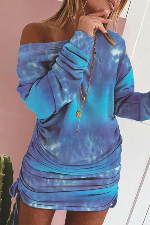 Casual Side Drawstring Ruched Printed Dress