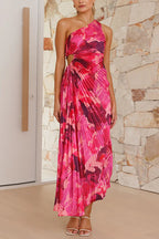 One Shoulder Asymmetrical Pleated Floral Maxi Dress