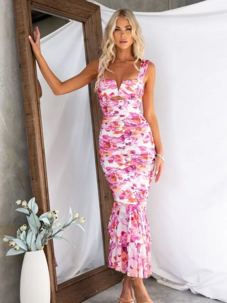 Printed Gathering Camisoles V-neck Ruffle Maxi Dresses
