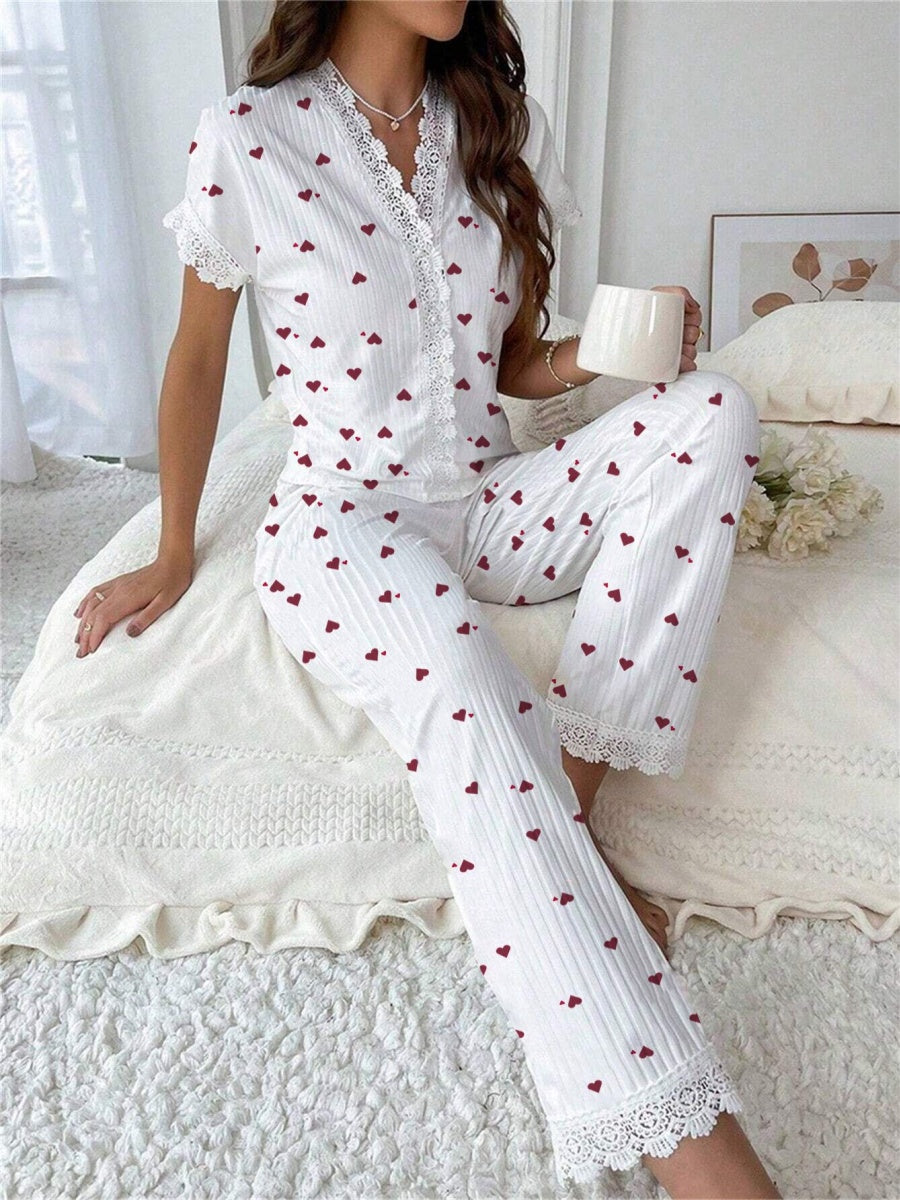 Cherry Print Water-soluble Embroidered Trim Short-sleeved Trousers Set That Can Be Worn As Loungewear