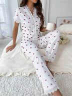 Cherry Print Water-soluble Embroidered Trim Short-sleeved Trousers Set That Can Be Worn As Loungewear