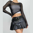 Zip-up metallic pleated medium rise solid mini skirt