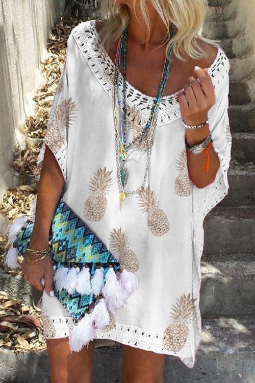 V Neck Hollow Out Pineapple Printed Batwing Beach Dress
