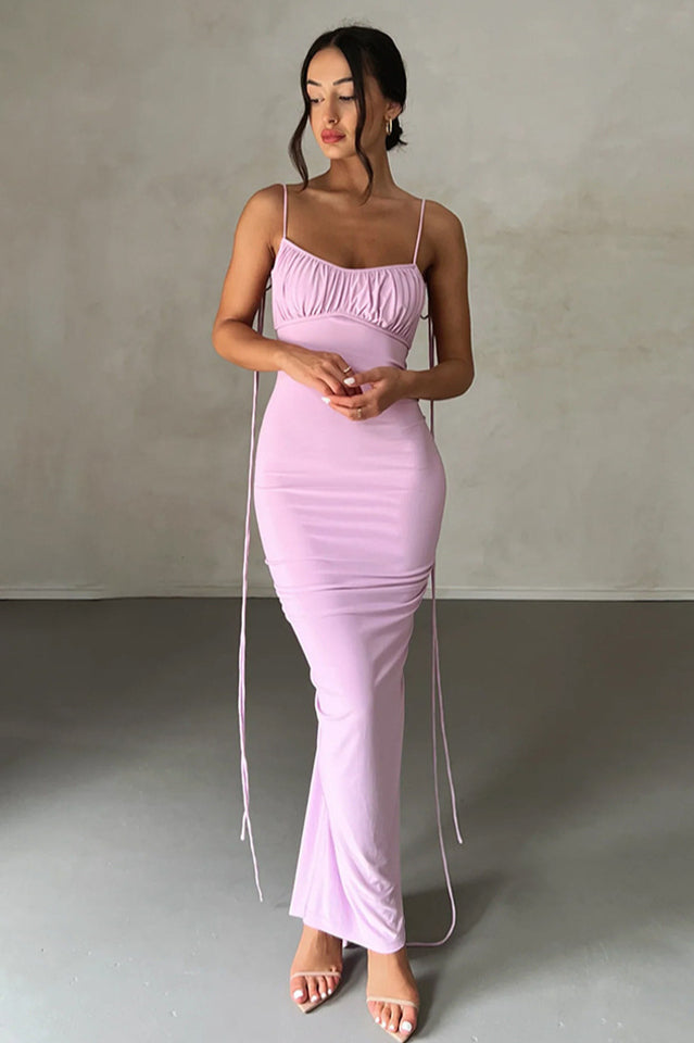 Tie Shoulder Deep Open Back Ruched Bodycon Maxi Dress