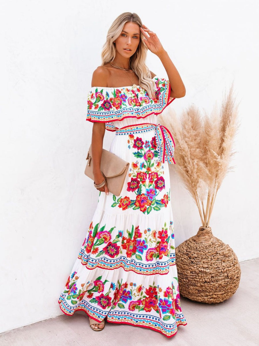 Off-the-shoulder Red Floral Print Maxi Dress