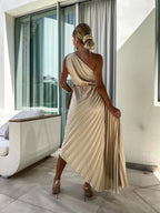 Sloping Shoulders Pleated Hollow Flowers Parties Bridesmaid Maxi Dresses