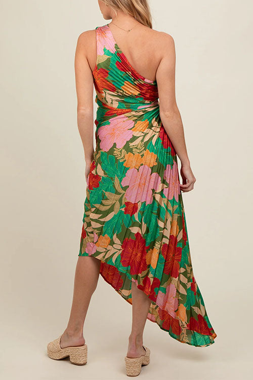 One Shoulder Cut Out Asymmetric Hem Floral Print Pleated Maxi Dress