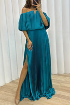 Off Shoulder Waisted High Slit Pleated Maxi Dress