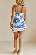 Seashell Print Strapless Ruffle Tube Top and Wrap Mini Skort Set