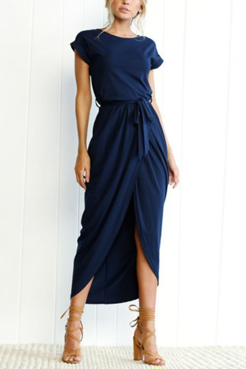 Short Sleeve Tie Waist Slit Midi Dress