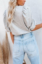 Crewneck Rhinestone Bubble Half Sleeves Pullover Top