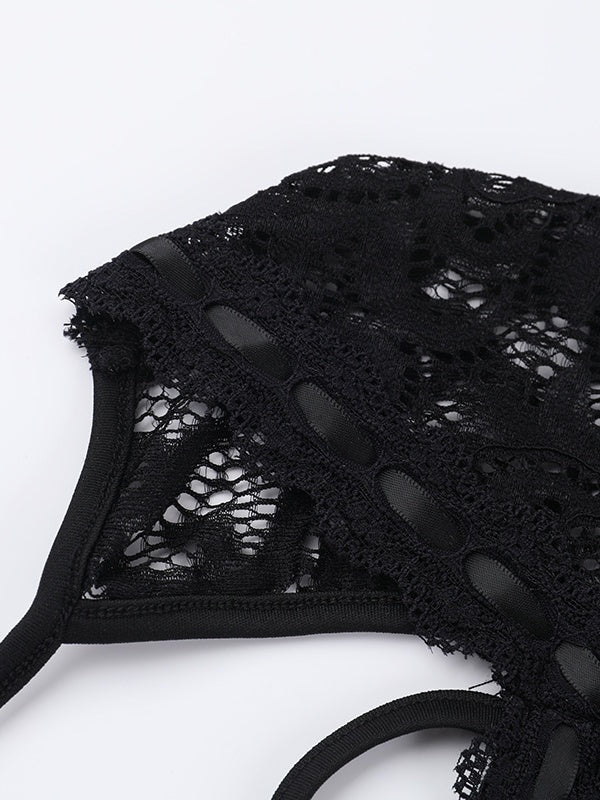 Black Lace Long-sleeved Jumpsuit Shorts