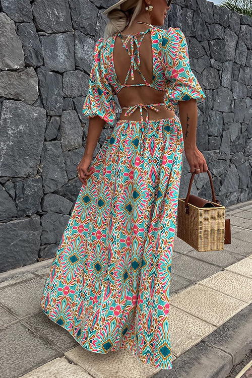 Puff Sleeves Backless Lace-up Printed Maxi Vacation Dress