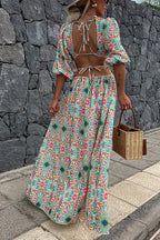 Puff Sleeves Backless Lace-up Printed Maxi Vacation Dress